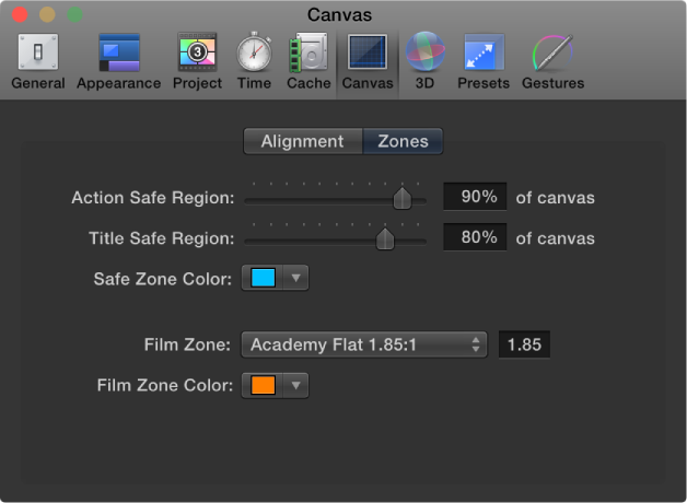 Motion Preferences window showing Canvas Zones pane