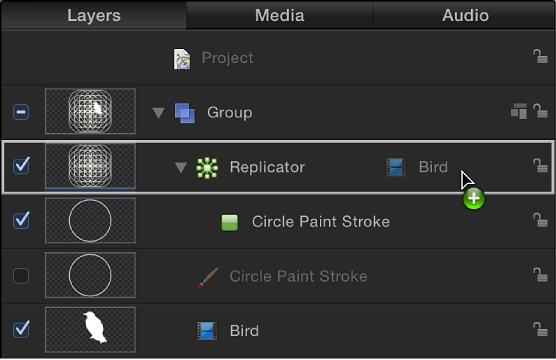 Layers list showing an object being dragged onto a replicatior