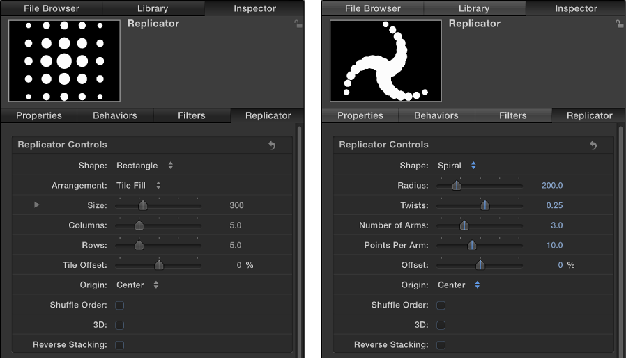 Inspector showing Replicator pane set to different shapes
