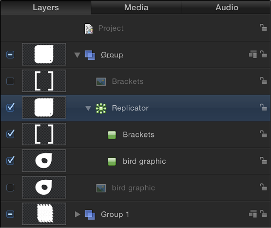 Layers list showing replicator, the two cells within it, and the two disabled layers