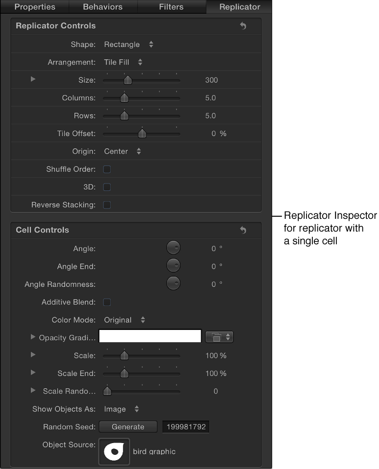 Replicator Inspector showing parameters for replicators with a single cell, or multiple cells