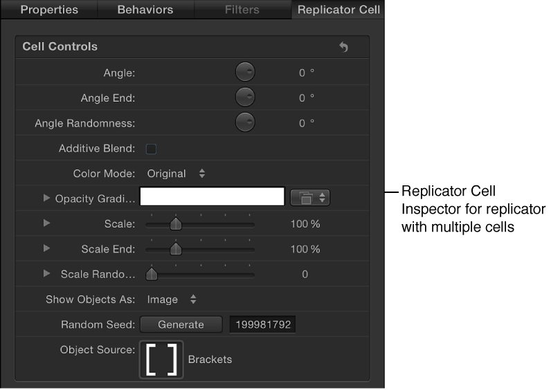 Replicator Cell Inspector showing cell-specific parameters