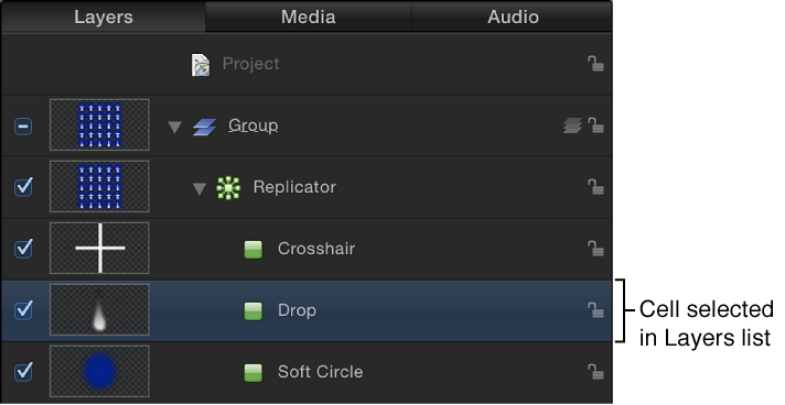 Layers list with selected replicator cell