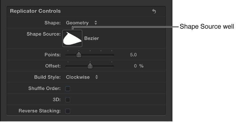 Replicator Inspector showing Shape Source well