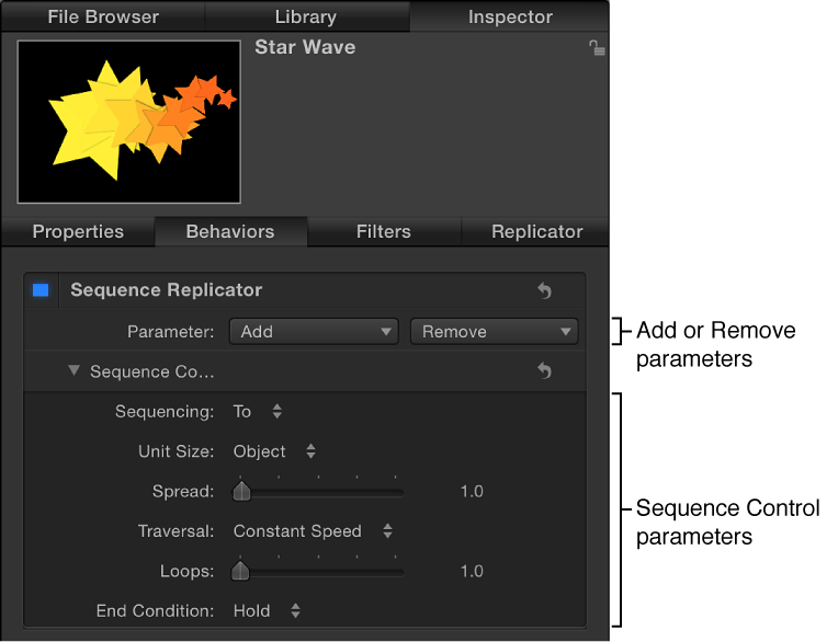  Inpsector showing Sequence Replicator behavior parameters