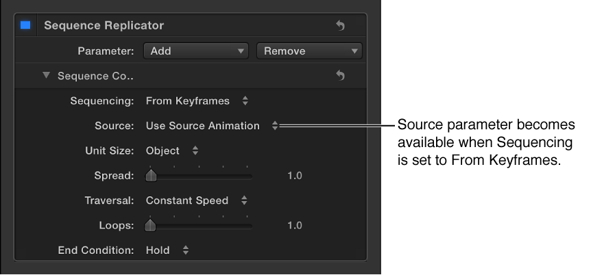 Behaviors Inspector showing Source parameter that appears when Sequencing pop-up menu is set to Custom