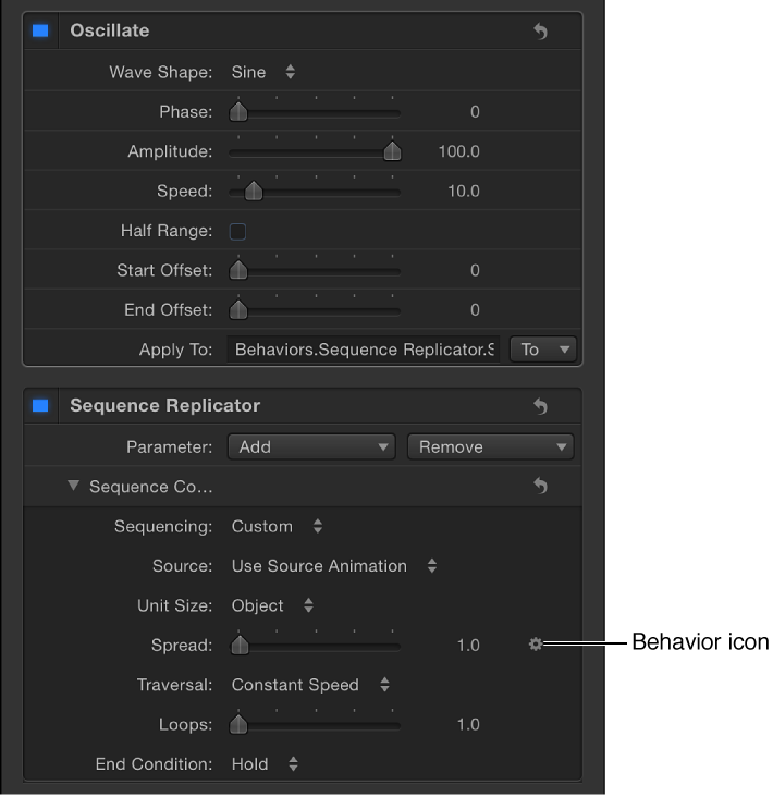 Behaviors Inspector showing Parameter behavior icon in Animation menu for Sequence Replicator behavior