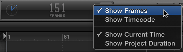 Choosing Show Frames from the timing display pop-up menu
