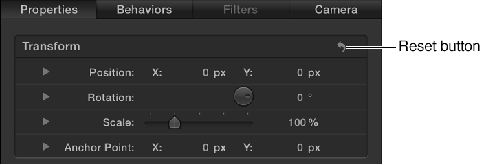 Transform parameters reset button in the Properties Inspector