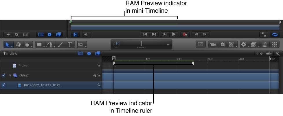 Mini-Timeline and Timeline showing RAM Preview indicators