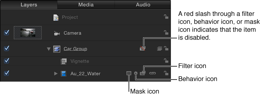 Layers list showing Masks, Behaviors, and Filters icons