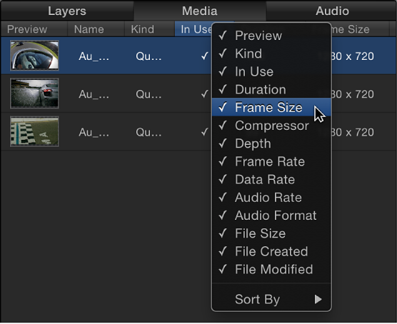 Media list showing column pop-up options