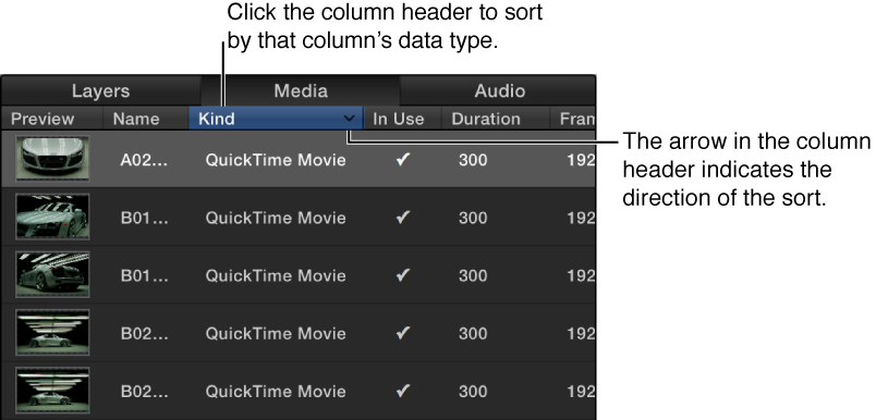 Column header in the Media tab