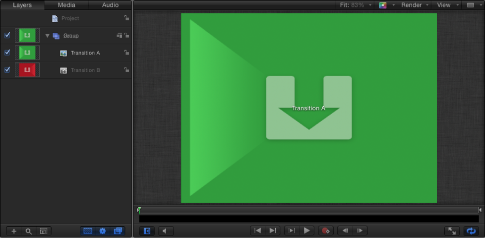 New Final Cut Transition project showing Layers list and Canvas