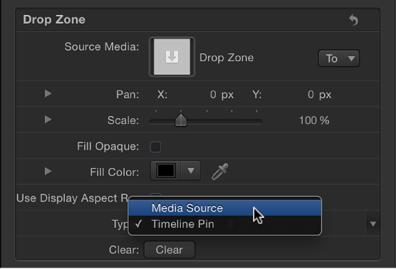 Choosing Media Source from the Type pop-up menu in the Image Inspector