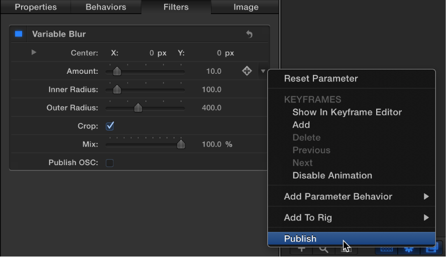 Choosing Publish from the Shear parameter Animation menu