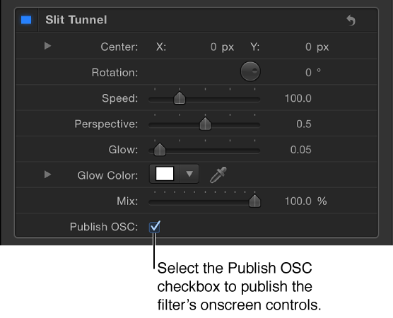 Filter Inspector showing Publish OSC checkbox