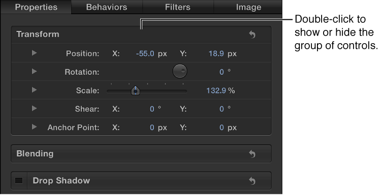 Inspector showing an open group of parameters and a closed group of parameters
