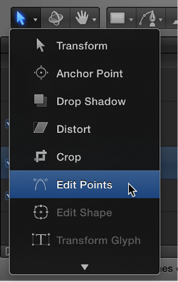 Selecting the Edit Points tool from the 2D transform tools pop-up menu