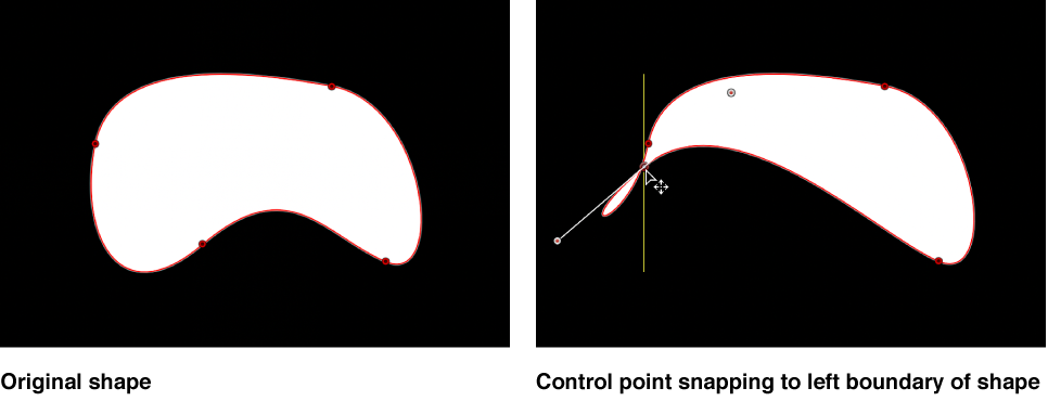 Canvas showing Bezier shape with a guide appearing when control point is aligned with another control point on same shape