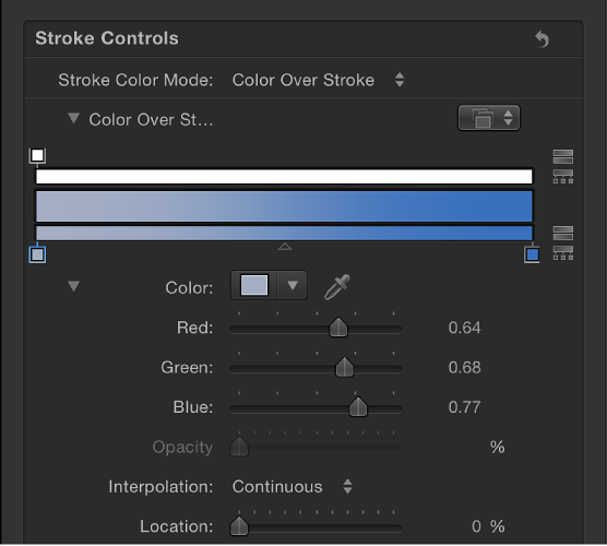 Stroke pane showing expanded gradient editor for Color Over Stroke parameter