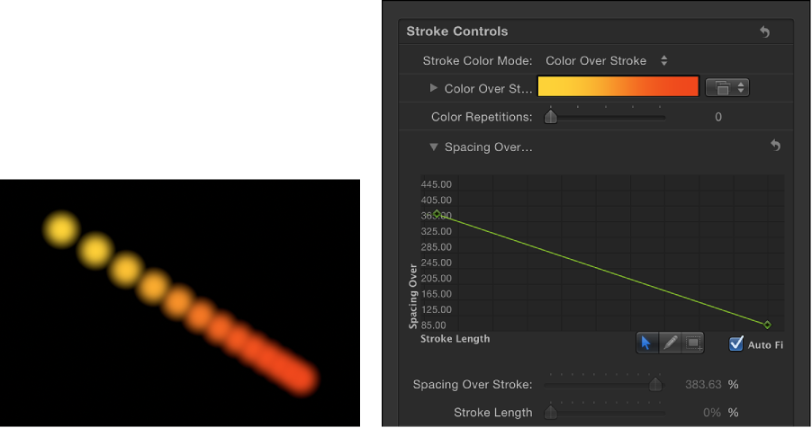 Canvas and Stroke pane showing Spacing Over Stroke mini-curve editor displaying decreasing value