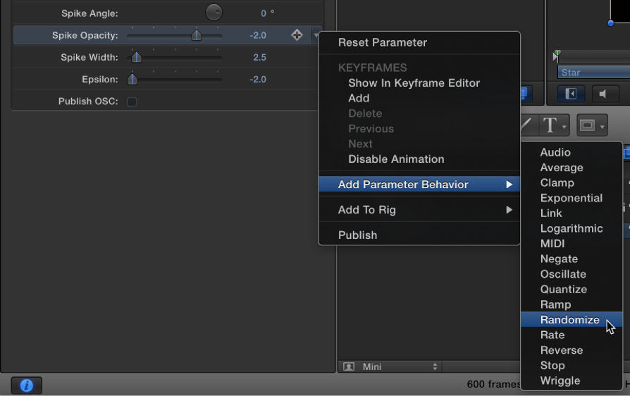 Generator Inspector showing shortcut menu of parameter behaviors