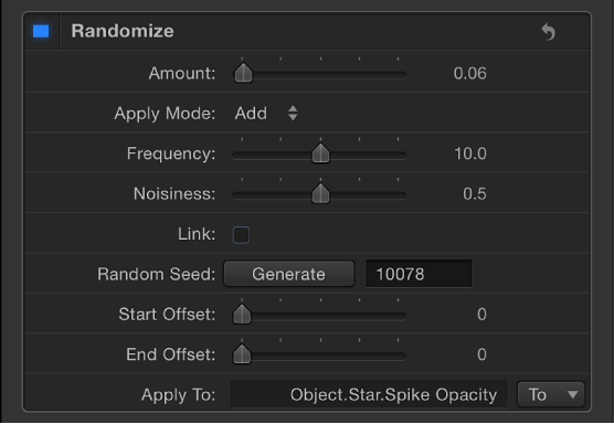 Behaviors Inspector showing the Randomize behavior controls