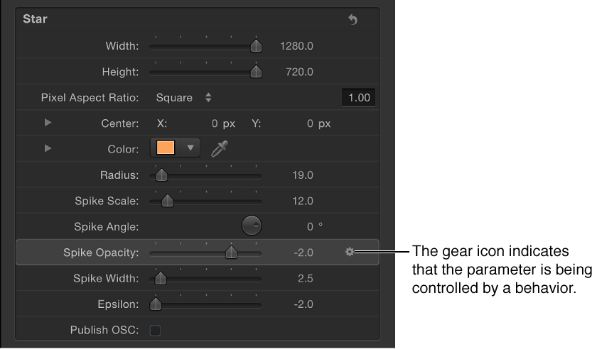 Generator Inspector showing Behaviors icon on Spike Opacity parameter