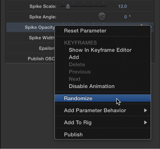 Selecting the Randomize parameter in the Animation menu