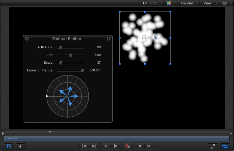 Canvas window showing Soft Gradient generator used as particle emitter