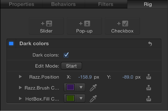 Inspector showing Rig controls