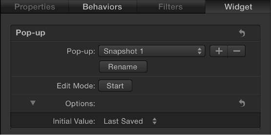 Widget Inspector showing Pop-up parameters