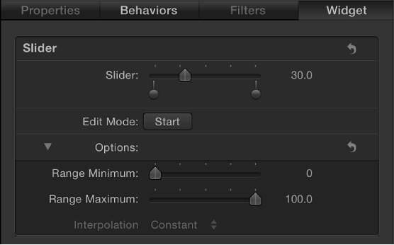 Widget Inspector showing Slider parameters