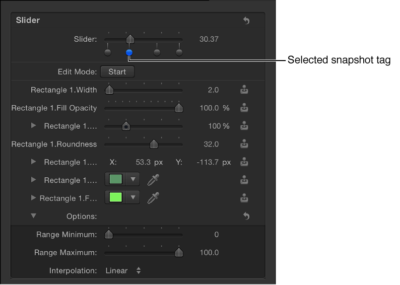 Inspector showing snapshot tags for a slider widget