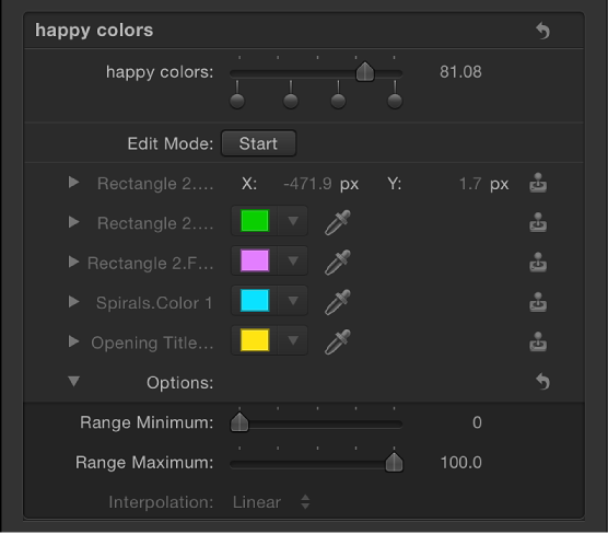 Inspector showing parameters added to slider widget