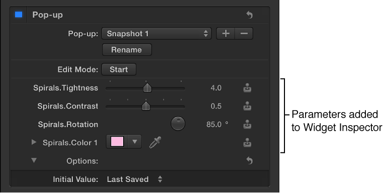 Parameters added to the Widget Inspector