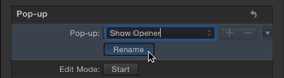 Inspector showing pop-up widget menu item Rename button