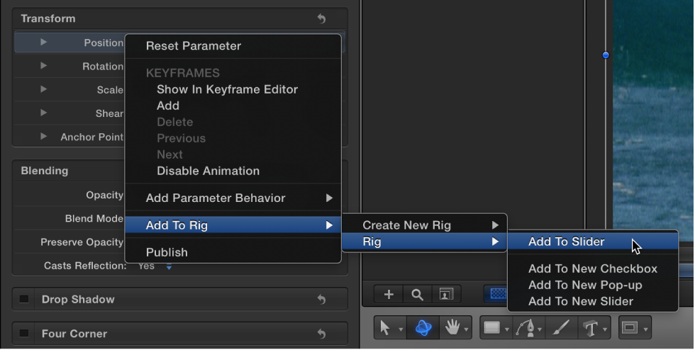 Inspector showing Animation menu with Add to Slider selected