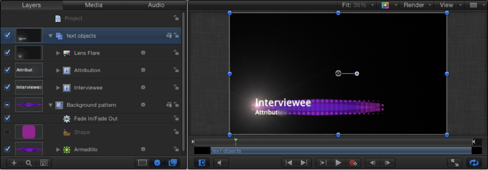 Layers list and Canvas showing sample lower-third project