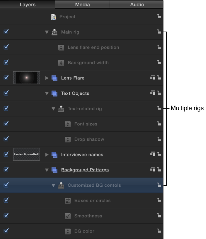 Layers list showing multiple rigs