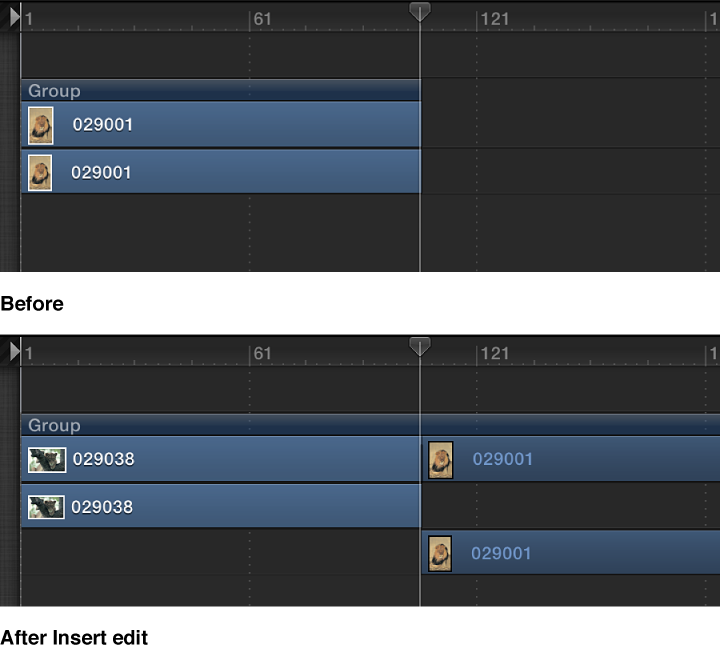 Timeline showing an object in a group, and an object inserted into that group