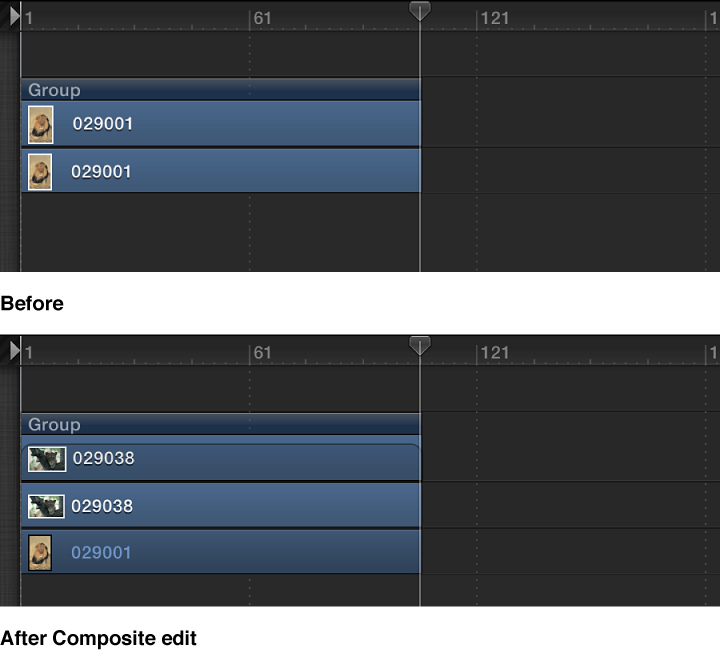 Timeline showing an object, and an object composited into a group