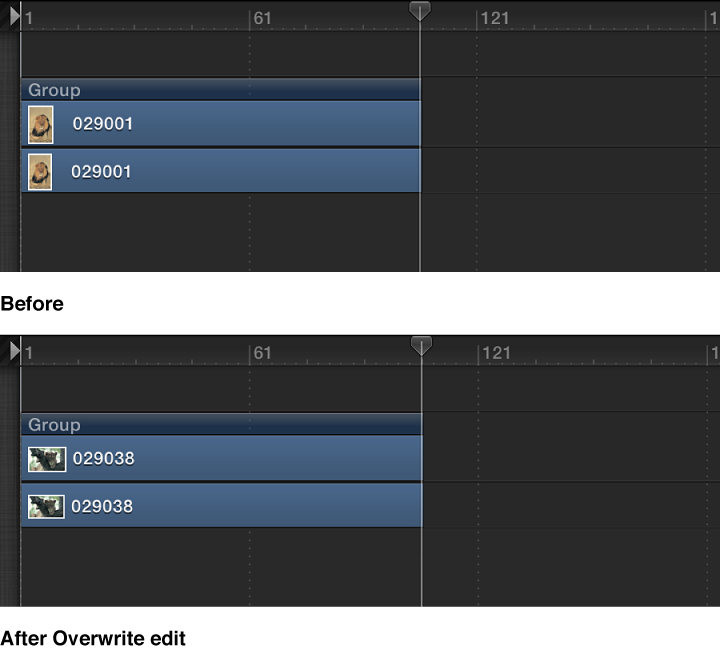 Timeline showing an object, then the object overwritten