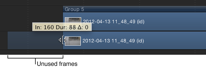 Timeline showing an object being trimmed, revealing unused frames