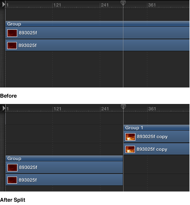 Timeline showing a track and the track being split