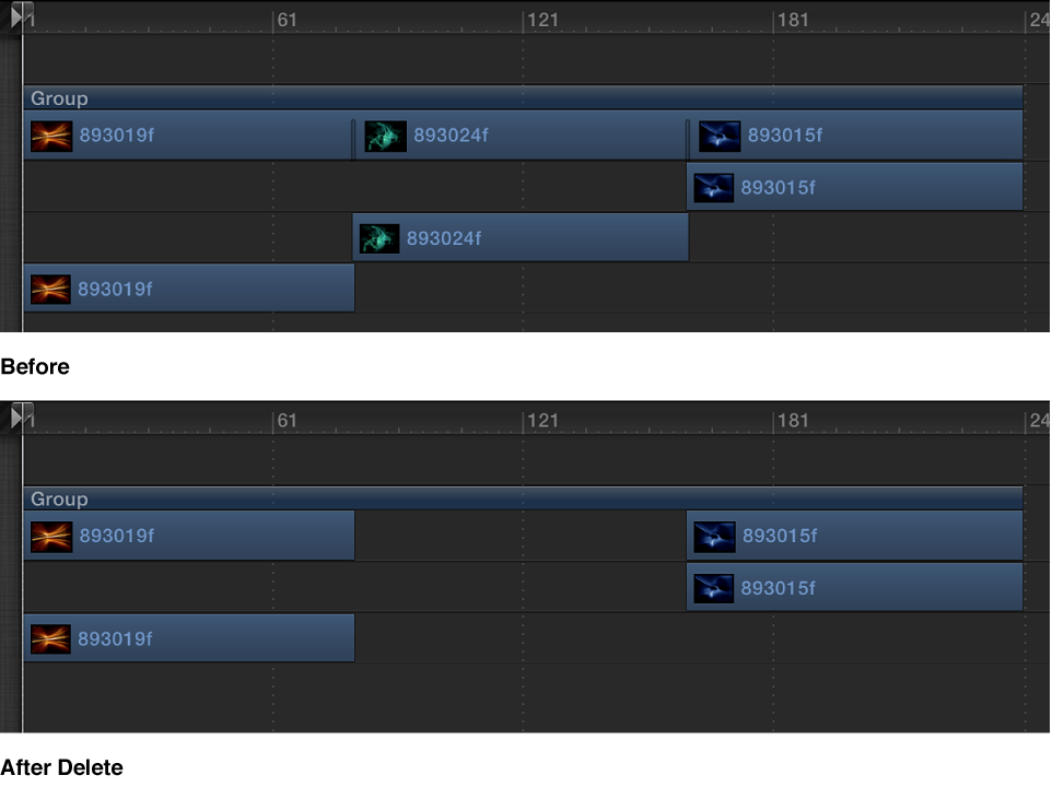 Timeline showing three objects, then one object being deleted