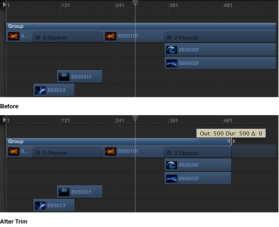 Timeline showing a group with several objects, then the group being trimmed