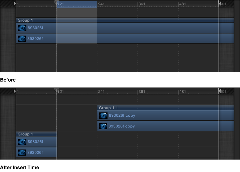 Timeline showing blank space being inserted into a sequence