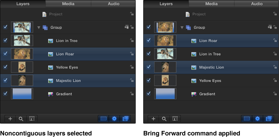 Layers list showing layers changing order using the Bring Forward command